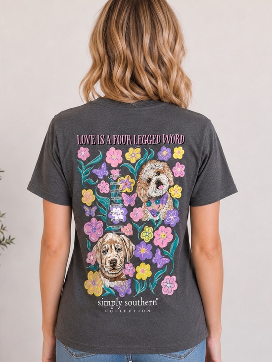 Simply Southern Other - Simply Southern Charcoal Tee with Pastel Floral Dog Design